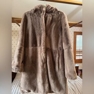 “BCBGMAXAZRIA Mid-Length Faux Fur Coat with Hood